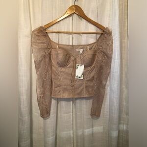 Chelsea & Violet Beige Corset Lace Puff Sleeve Top NWT Size 4